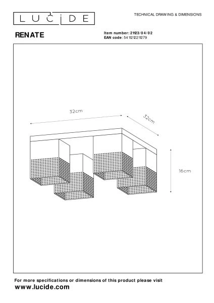 Lucide RENATE - Plafonnier - 4xE27 - Or Mat / Laiton - TECHNISCH